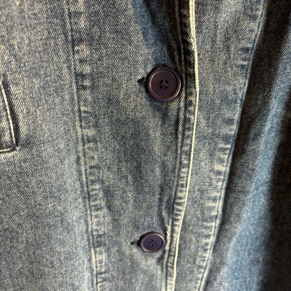 DENIM JEAN COAT Sz XL Lined Contrasting Stripe Pockets 100% Cotton Shoulder Pads - Picture 4 of 10